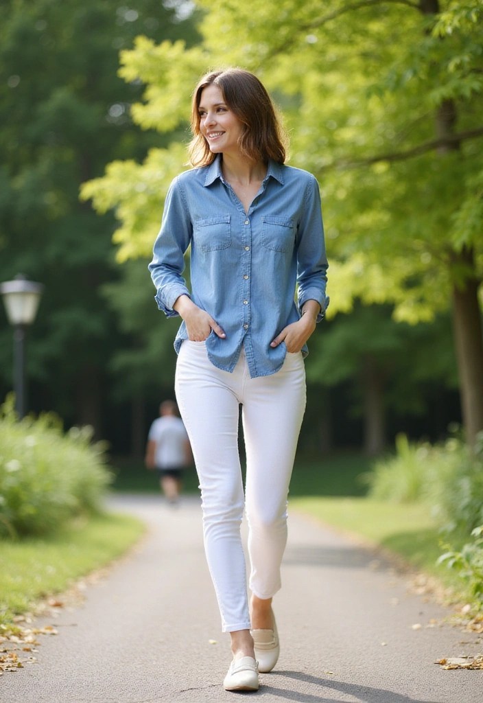 25 Casual Spring Outfits So Comfy You'll Want to Wear Them Everywhere! - 14. Chambray Shirt and White Jeans